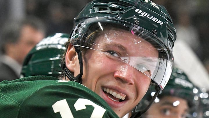 Minnesota Wild forward Matt Boldy scored the game-winning goal in overtime of Game 4 to even the series with Dallas at 2-2. (Mandatory Credit: Nick Wosika-Imagn Images)