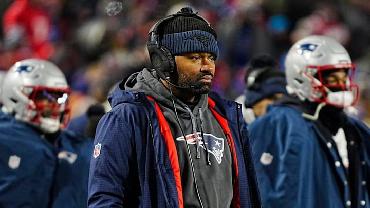 New England Patriots head coach Jerod Mayo watches his team trying to get a first down during second half action at Highmark Stadium where the Buffalo Bills hosted the New England Patriots in Orchard Park on Dec. 22, 2024.