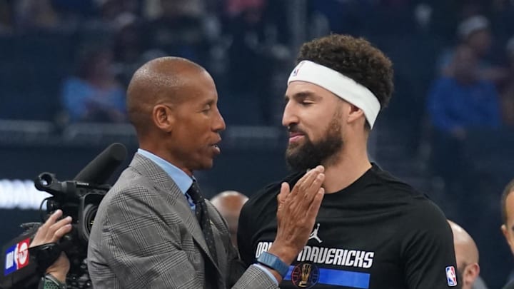 Reggie Miller and Klay Thompson before the Mavericks' 120–117 loss to the Warriors on Nov. 12, 2024. Reggie Miller and Klay Thompson before the Mavericks' 120–117 loss to the Warriors on Nov. 12, 2024.
