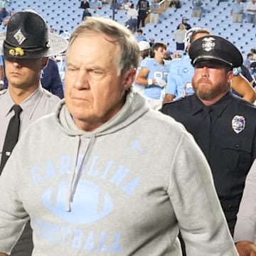Sep 1, 2025; Chapel Hill, North Carolina, USA; North Carolina Tar Heels head coach Bill Belichick walks to center field after the game at Kenan Stadium. Mandatory Credit: Bob Donnan-Imagn Images