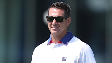 Jul 24, 2025; East Rutherford, NJ, USA; New York Giants general manager Joe Schoen on the field during training camp at Quest Diagnostics Training Center. Mandatory Credit: Vincent Carchietta-Imagn Images