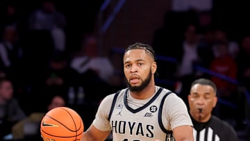 Mar 12, 2025; New York, NY, USA; Georgetown Hoyas guard Jayden Epps (10) brings the ball up court against the DePaul Blue Demons during the second half at Madison Square Garden. Mandatory Credit: Brad Penner-Imagn Images
