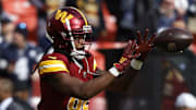 Nov 24, 2024; Landover, Maryland, USA; Washington Commanders wide receiver Noah Brown (85) participates in warmup prior to the game against the Dallas Cowboys at Northwest Stadium. Mandatory Credit: Geoff Burke-Imagn Images