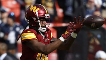 Nov 24, 2024; Landover, Maryland, USA; Washington Commanders wide receiver Noah Brown (85) participates in warmup prior to the game against the Dallas Cowboys at Northwest Stadium. Mandatory Credit: Geoff Burke-Imagn Images