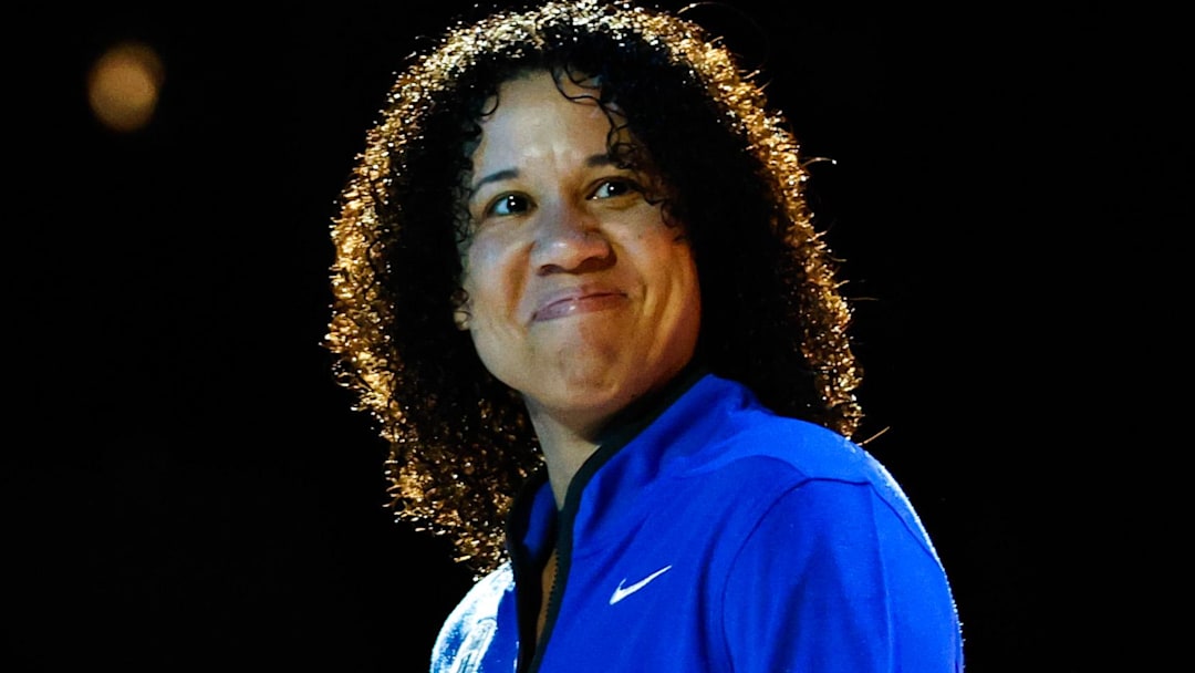 Oct 3, 2025; Durham, NC, USA; Duke Blue Devils head coach Kara Lawson is introduced during player introductions at the Countdown to Craziness at the Cameron Indoor Stadium. Mandatory Credit: Jaylynn Nash-Imagn Images