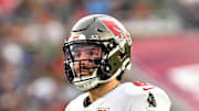 Tampa Bay Buccaneers quarterback Baker Mayfield (6) stands on the field during the fourth quarter against the New England Patriots 