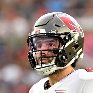 Tampa Bay Buccaneers quarterback Baker Mayfield (6) stands on the field during the fourth quarter against the New England Patriots 