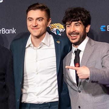 Jaguars owner Shad Khan, new GM James Gladstone and Director of Football Strategy Tony Khan. 