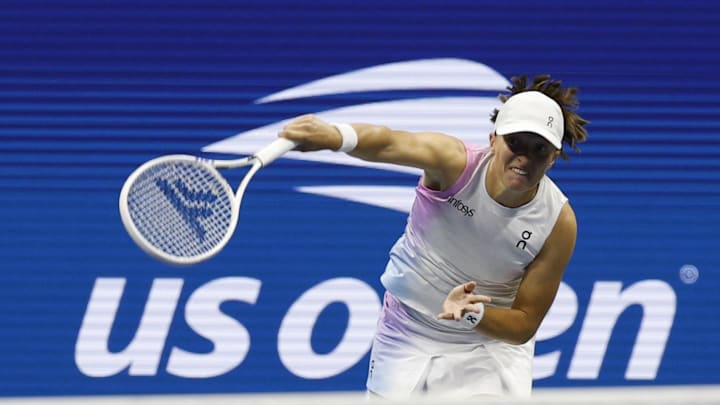 Iga Swiatek serves against Jessica Pegula at the U.S. Open on Sept. 4, 2024.