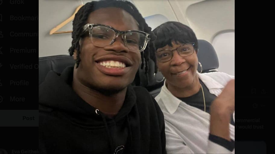 Travis Hunter sits next to Sandy Combs on an airplane. | Sandy Combs