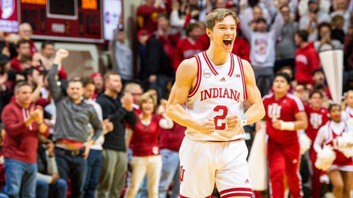 Indiana's Gabe Cupps (2) celebrates a victory over Iowa at Simon Skjodt Assembly Hall on Tuesday, Jan. 30, 2024.