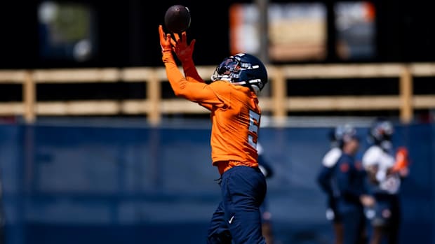 Denver Broncos wide receiver Trent Sherfield (5) catches a pass during voluntary minicamp.