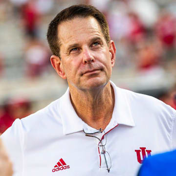 Indiana coach Curt Cignetti looks up at the scoreboard after defeating Florida International at Memorial Stadium.