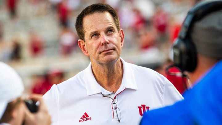 Indiana coach Curt Cignetti looks up at the scoreboard after defeating Florida International at Memorial Stadium.