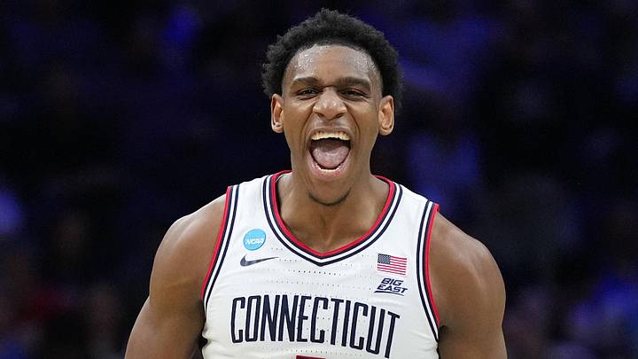 Mar 20, 2026; Philadelphia, PA, USA; UConn Huskies forward Tarris Reed Jr. (5) reacts in the first half during a first round game of the men's 2026 NCAA Tournament at Xfinity Mobile Arena. Mandatory Credit: Kyle Ross-Imagn Images