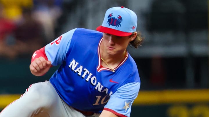 Jul 13, 2024; Arlington, TX, USA;  American League Future  outfielder Spencer Jones (93) steals second base ahead of the tag by National League Future  infielder Aidan Miller (10) during the fourth inning during the Major league All-Star Futures game at Globe Life Field