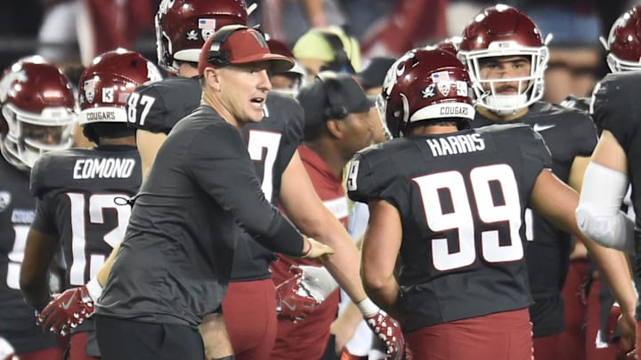 Sep 7, 2024; Pullman, Washington, USA; Washington State Cougars head coach Jake Dickert looks on against the Texas Tech Red Raiders in the first half at Gesa Field at Martin Stadium. Mandatory Credit: James Snook-Imagn Images