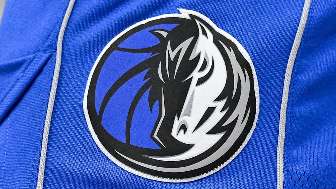 Nov 5, 2023; Dallas, Texas, USA; A view of the Dallas Mavericks logo during the game between the Dallas Mavericks and the Charlotte Hornets at the American Airlines Center. Mandatory Credit: Jerome Miron-Imagn Images