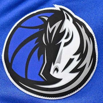 Nov 5, 2023; Dallas, Texas, USA; A view of the Dallas Mavericks logo during the game between the Dallas Mavericks and the Charlotte Hornets at the American Airlines Center. Mandatory Credit: Jerome Miron-Imagn Images