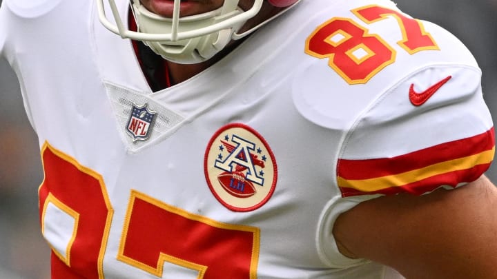 A close-up shot of Kansas City Chiefs tight end Travis Kelce's jersey.