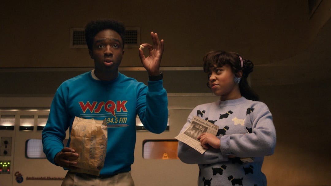 (L to R) Caleb McLaughlin as Lucas Sinclair and Priah Ferguson as Erica Sinclair in Stranger Things: Season 5.