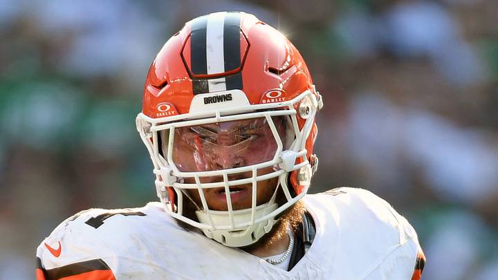 Oct 13, 2024; Philadelphia, Pennsylvania, USA; Cleveland Browns offensive tackle Jedrick Wills Jr. (71) against the Philadelphia Eagles at Lincoln Financial Field. Mandatory Credit: Eric Hartline-Imagn Images