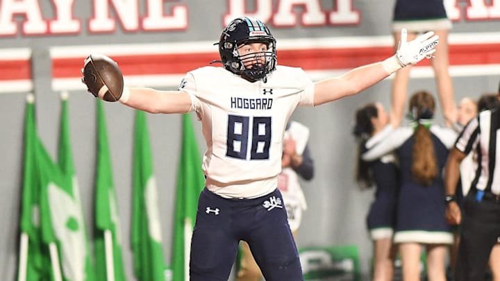 Hoggard's #88 Charlie Kilbourne scores as Hoggard took on Weddington High School in the 4A Football Championship at Carter-Finley Stadium in Raleigh Saturday Dec. 9, 2023. Weddington beat Hoggard 56 -21 to win the State Championship. KEN BLEVINS/STARNEWS