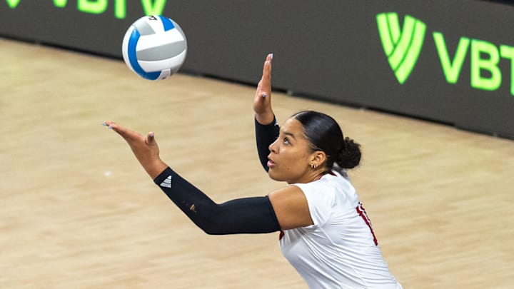Nebraska outside hitter Teraya Sigler prepares to serve the ball during the third set of the AVCA First Serve. She's been a trusted server to start matches for the Huskers during the last few weeks. Nebraska outside hitter Teraya Sigler prepares to serve the ball during the third set of the AVCA First Serve. She's been a trusted server to start matches for the Huskers during the last few weeks.