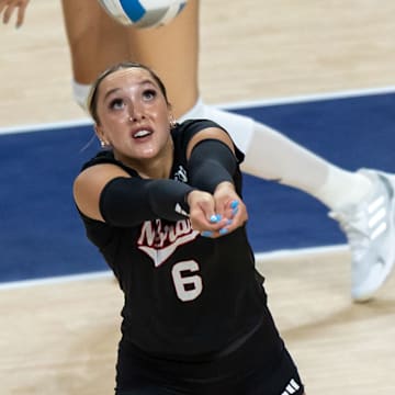 Nebraska Libero Laney Choboy passes the ball to an outside hitter in an out-of-system attack. Choboy is third on the Huskers with 70 assists this season. 