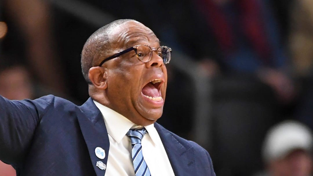 North Carolina Tar Heels head coach Hubert Davis yells down court Thursday, March 19, 2026, during the NCAA Men’s Basketball Tournament first round game against the VCU Rams at Bon Secours Wellness Arena in Greenville, South Carolina.