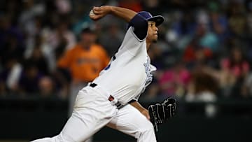 Hooks pitcher Miguel Ullola throws a pitch on Opening Night at Whataburger Field on Friday, April 5, 2024, in Corpus Christi, Texas.