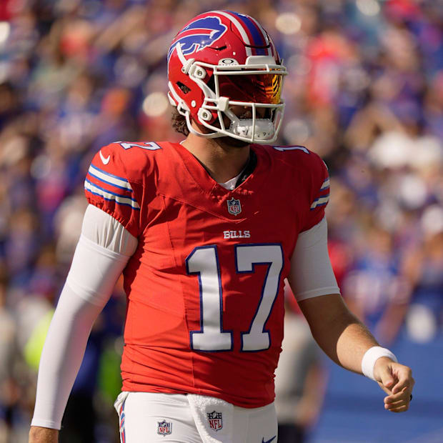 quarterback Josh Allen wears a red helmet