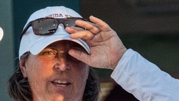 Florida State head coach Lonni Alameda coaches the Seminoles during a game against the Florida Gators on Wednesday, April 2, 2025.