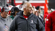 Nov 29, 2025; Raleigh, North Carolina, USA; NC State Wolfpack head coach Dave Doeren reacts during the first half of the game against North Carolina Tar Heels at Carter-Finley Stadium.  Mandatory Credit: Jaylynn Nash-Imagn Images
