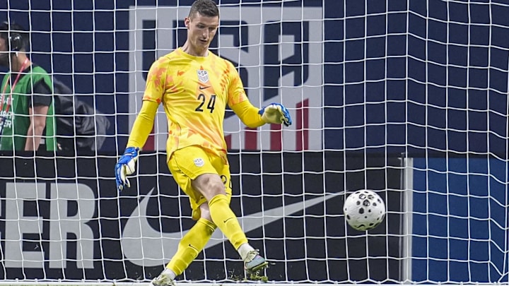 Mar 31, 2026; Atlanta, Georgia, USA; United States goalkeeper Matt Freese(24) plays the ball against Portugal at Mercedes-Benz Stadium. Mandatory Credit: Dale Zanine-Imagn Images
