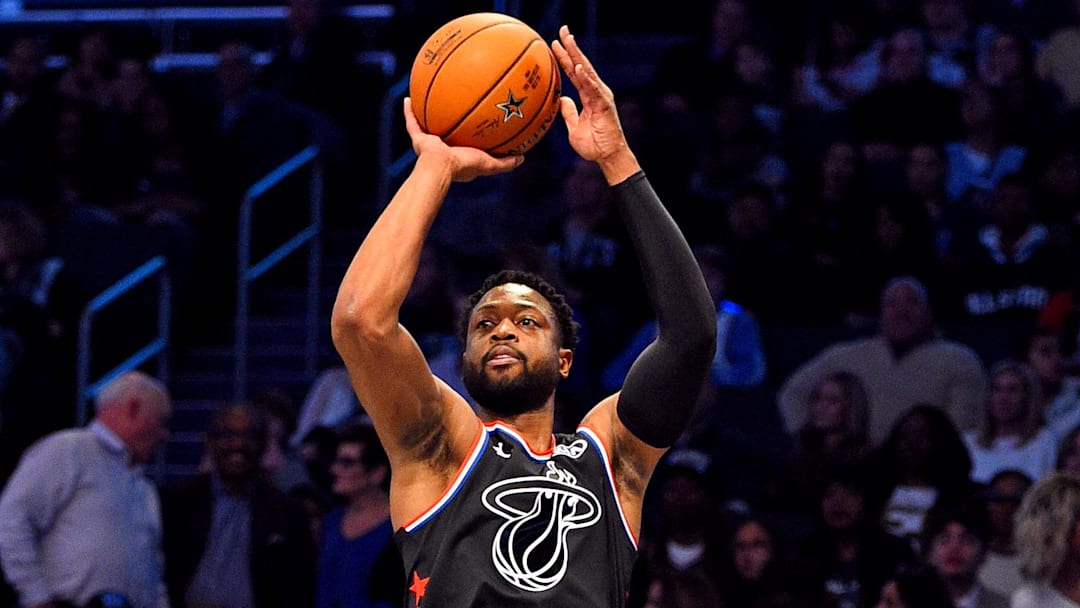 Feb 17, 2019; Charlotte, NC, USA; Team Lebron guard Dwayne Wade of the Miami Heat (3) shoots the ball during the 2019 NBA All-Star Game at Spectrum Center. Mandatory Credit: Bob Donnan-Imagn Images