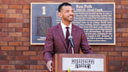 Mississippi State Director of Athletics Zac Selmon speaks outside Dudy Noble Field at Polk-Dement Stadium.