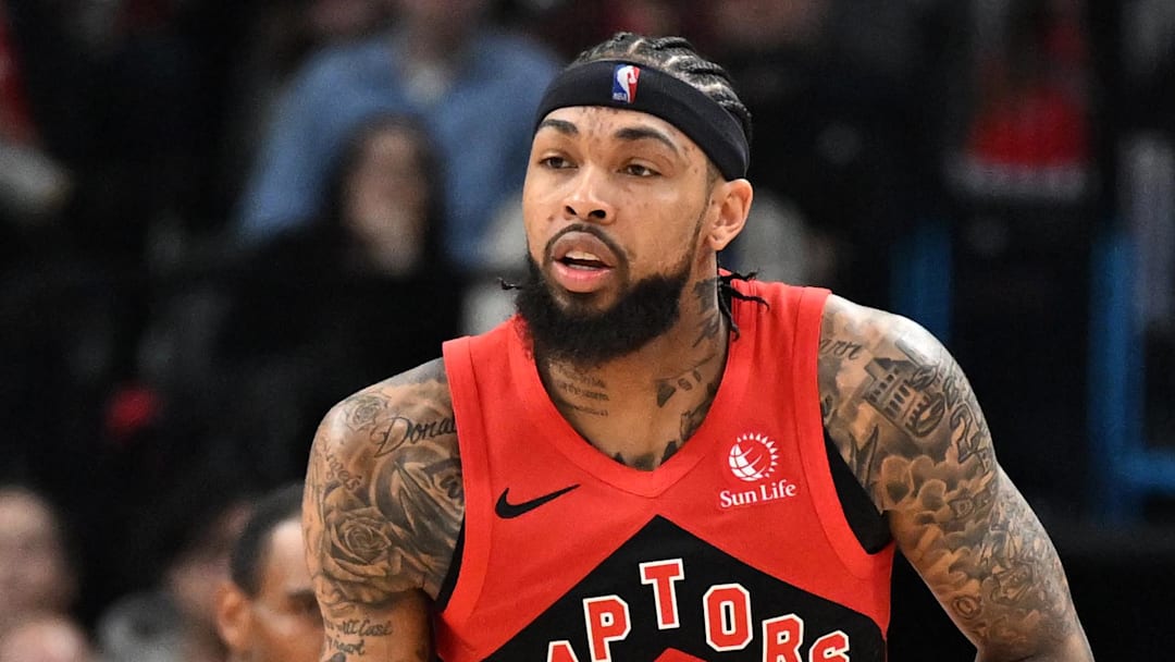 Nov 23, 2025; Toronto, Ontario, CAN;  Toronto Raptors forward Brandon Ingram (3) dribbles the ball against the Brooklyn Nets in the second half at Scotiabank Arena.