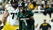 Michigan State's Nikai Martinez celebrates a defensive stop against Iowa in the first quarter on Saturday, Oct. 19, 2024, at Spartan Stadium in East Lansing.