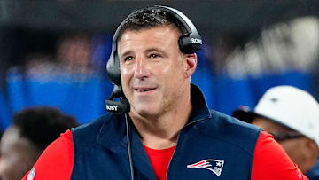 New England Patriots Head Coach, Mike Vrabel is shown on the sideline, Thursday, August 21, 2025, in East Rutherford.