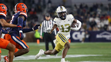 Nov 18, 2023; Atlanta, Georgia, USA; Georgia Tech Yellow Jackets wide receiver Eric Singleton Jr. (13) runs after a catch against the Syracuse Orange in the first half at Bobby Dodd Stadium at Hyundai Field. Mandatory Credit: Brett Davis-Imagn Images
