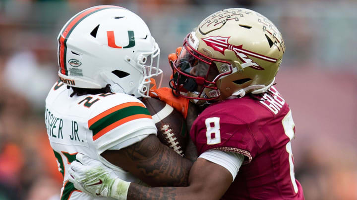 The Florida State Seminoles and the Miami Hurricanes are tied 10-10 at the half on Saturday, Nov. 11, 2023.