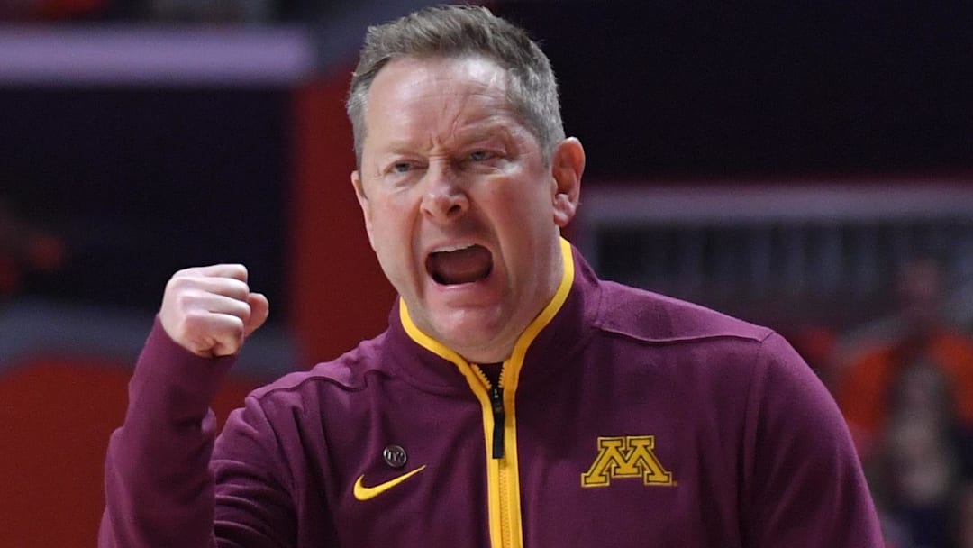 Jan 17, 2026; Champaign, Illinois, USA;  Minnesota Golden Gophers head coach Niko Medved  reacts during the second half against the Illinois Fighting Illini at State Farm Center. Mandatory Credit: Ron Johnson-Imagn Images