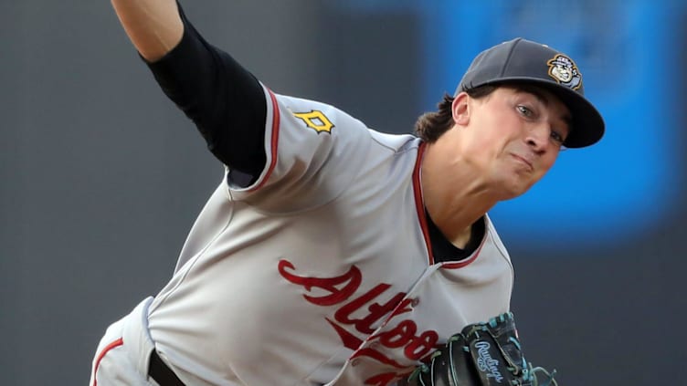 Altoona Curve starting pitcher Kyle Nicolas throws against the Akron RubberDucks during the first