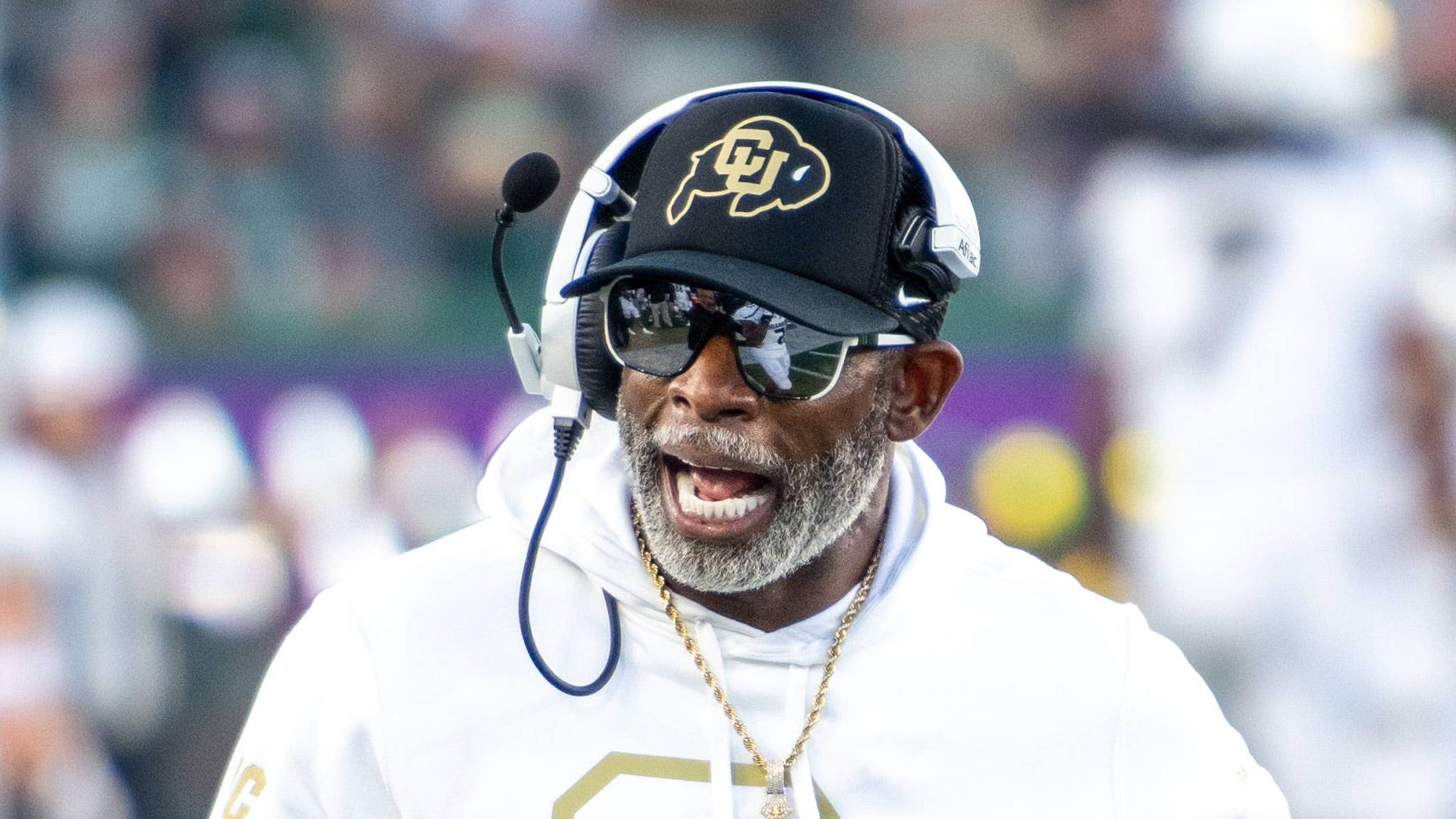 CU football head coach Deion Sanders, or Coach Prime, gives instruction to wide receiver Jimmy Horn Jr. (5) against CSU in the Rocky Mountain Showdown at Canvas Stadium on Saturday, Sept. 14, 2024, in Fort Collins, Colo. | USA TODAY Network via Reuters Connect