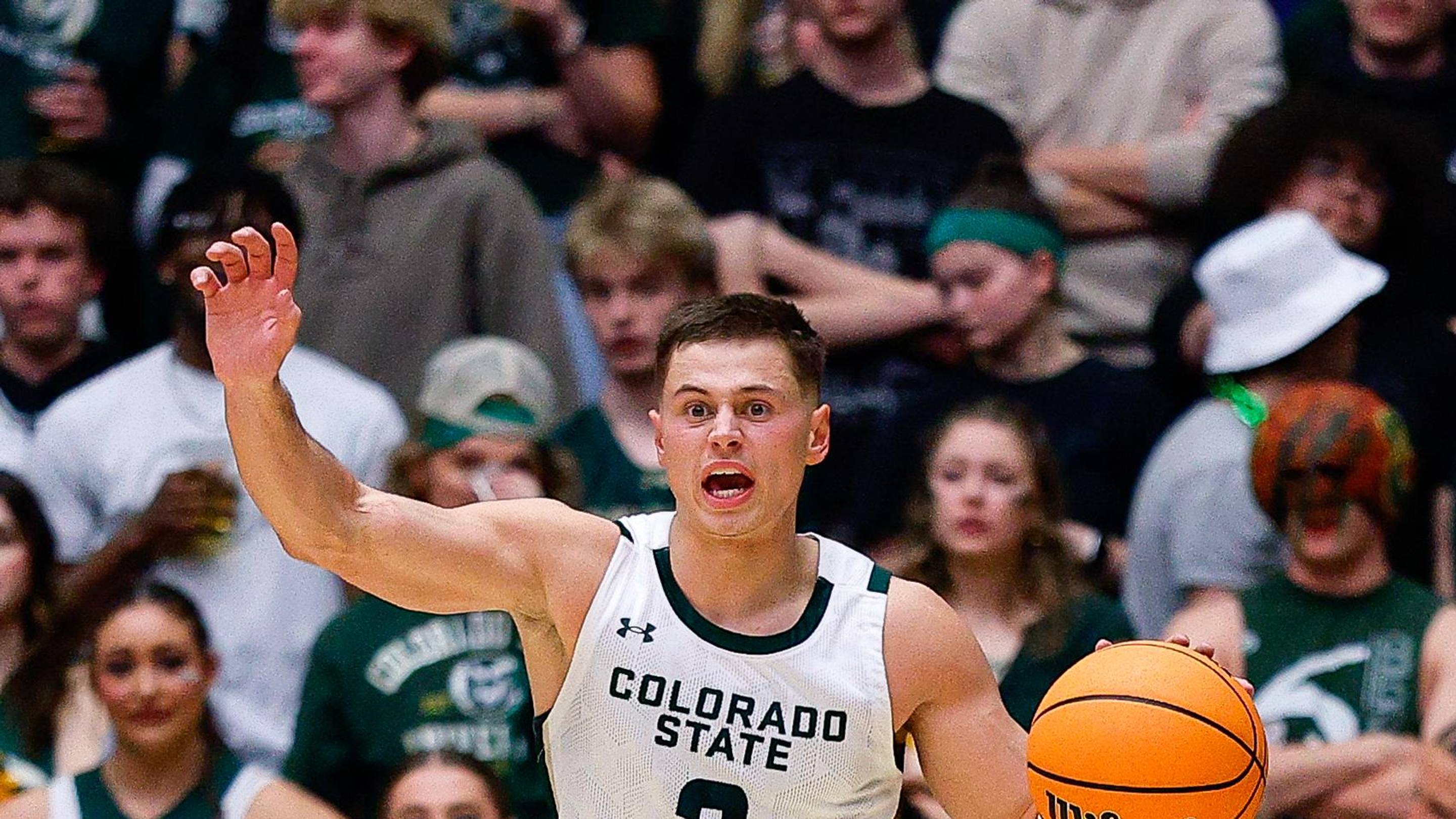 Feb 24, 2026; Fort Collins, Colorado, USA; Colorado State Rams guard Brandon Rechsteiner (2) gestures as he dribbles the ball up court in the second half against the Fresno State Bulldogs at Moby Arena. Mandatory Credit: Isaiah J. Downing-Imagn Images | Isaiah J. Downing-Imagn Images