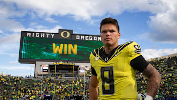 Oregon quarterback Dillon Gabriel leaves the field after the win over Illinois at Autzen Stadium in Eugene Saturday, Oct 26, 2024.