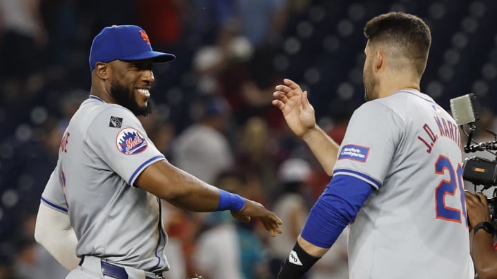 Jun 4, 2024; Washington, District of Columbia, USA; New York Mets outfielder Starling Marte (6) celebrates with Mets designated hitter J.D. Martinez (28) after their game against the Washington Nationals at Nationals Park. Mandatory Credit: Geoff Burke-USA TODAY Sports