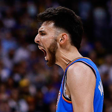 May 15, 2025; Denver, Colorado, USA; Oklahoma City Thunder forward Chet Holmgren (7) reacts after a play in the second quarter against the Denver Nuggets during game six of the second round for the 2025 NBA Playoffs at Ball Arena. Mandatory Credit: Isaiah J. Downing-Imagn Images