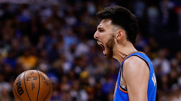 May 15, 2025; Denver, Colorado, USA; Oklahoma City Thunder forward Chet Holmgren (7) reacts after a play in the second quarter against the Denver Nuggets during game six of the second round for the 2025 NBA Playoffs at Ball Arena. Mandatory Credit: Isaiah J. Downing-Imagn Images May 15, 2025; Denver, Colorado, USA; Oklahoma City Thunder forward Chet Holmgren (7) reacts after a play in the second quarter against the Denver Nuggets during game six of the second round for the 2025 NBA Playoffs at Ball Arena. Mandatory Credit: Isaiah J. Downing-Imagn Images